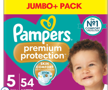 Pampers Premium Protection Jumbo+ Pack – Размер 5, 54 бр. | Skin Comfort технология, Poonami Proof Pocket, до 12 часа сухота, оригинален UK внос