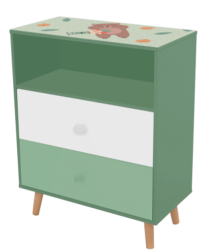Детски Шкаф за Играчки и Дрехи GINGER HOME, Етажерка с за Детска Стая с 2 чекмеджета, Мече, FOREST