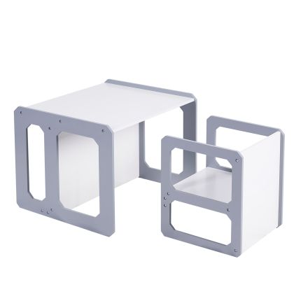 Монтесори Детска маса и Столче GINGER HOME, Дървен Комплект 3 в 1, бяло и сиво