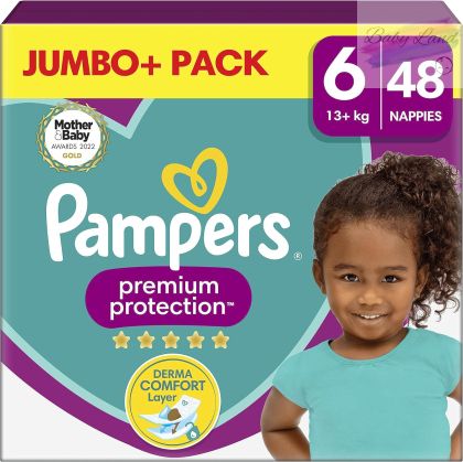 Pampers Premium Protection Jumbo+ Pack – Размер 6, 48 бр. | За чувствителна кожа, Derma Comfort слой, до 12 часа сухота, оригинален внос от Англия