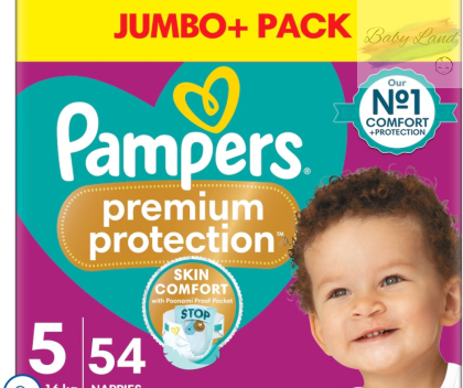 Pampers Premium Protection Jumbo+ Pack – Размер 5, 54 бр. | Skin Comfort технология, Poonami Proof Pocket, до 12 часа сухота, оригинален UK внос