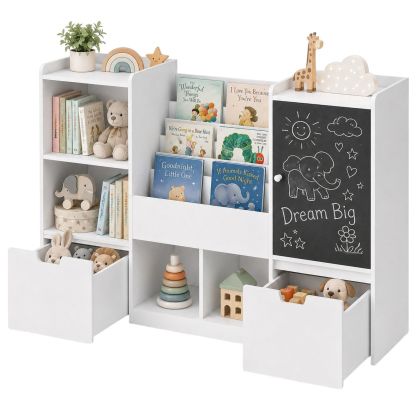 Детски Органайзер за Играчки GINGER HOME с Черна Дъска, Етажерка, 2 Чекмеджета и 6 Отделения, Масивно Дърво и MDF, 140x51x80 см