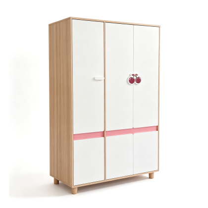 Детски Трикрилен Гардероб GINGER HOME CHERRY, с Рафтове, Лост за Закачалки и 6 Врати, Бяло, Розово и Натурално Дърво, 120х60х180 см