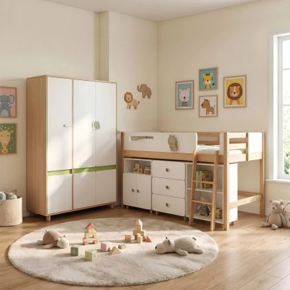 Комплект Мебели за Детска Стая GINGER HOME DINO с Комбинирано Легло 90x200 см, Гардероб, Шкафове, Скрин, Етажерка и Подматрачна Рамка, Бяло, Зелено и Натурално Дърво
