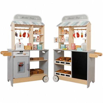 Детски Дървен Магазин GINGER HOME 2 в 1, Кухня, Щанд, Рафтове, Черна Дъска и Аксесоари, 60/73x29.5x105 см