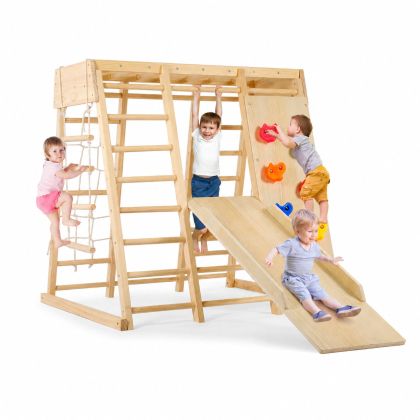 Детска Дървена Катерушка GINGER HOME, Пързалка, Стълби и Стена за Катерене, 119.5x109.5x119.5 см