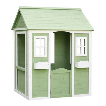 Детска Дървена Къщичка за Игра на Открито GINGER HOME – Градинска Къща за Деца, Зелено и Бяло, 107×90×144 см