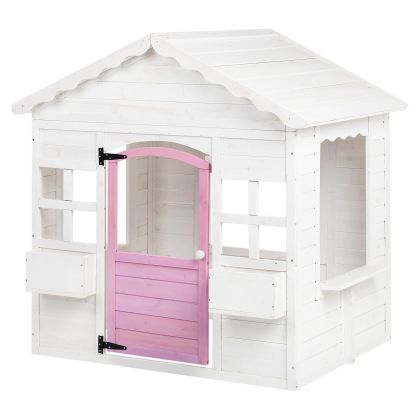 Детска Дървена Къщичка за Игра GINGER HOME – Градинска Къща с Прозорци и Саксии, Бяла, 123×106×125 см