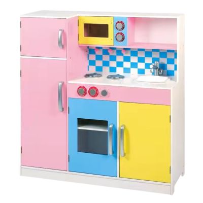 Детска Кухня GINGER HOME,  Дървена Играчка за Ролеви Игри с Цветен Дизайн, Размери 90x30x90 см