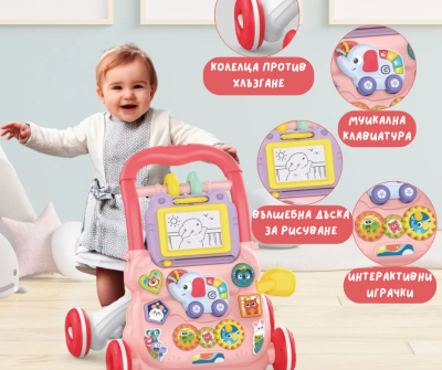 Бебешка проходилка уокър 6–36 месеца | Стабилна и безопасна | Музикален панел със светлини | Ергономична дръжка | Развива двигателни и сензорни умения