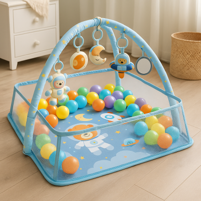 Активна гимнастика за бебе 3 в 1 – постелка и кът за игра с арки + 50 цветни топки ПОДАРЪК
