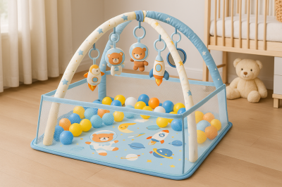 Активна гимнастика за бебе 3 в 1 – постелка и кът за игра с арки + 50 цветни топки ПОДАРЪК