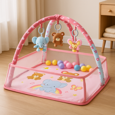 Активна гимнастика за бебе 3 в 1 – постелка и кът за игра с арки + 50 цветни топки ПОДАРЪК