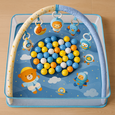 Активна гимнастика за бебе 3 в 1 – постелка и кът за игра с арки + 50 цветни топки ПОДАРЪК