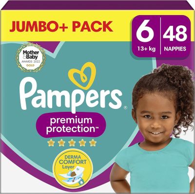 Pampers Premium Protection Jumbo+ Pack – Размер 6, 48 бр. | За чувствителна кожа, Derma Comfort слой, до 12 часа сухота, оригинален внос от Англия
