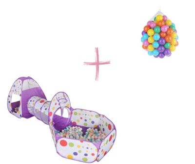 Детска палатка и тента 3в1 с тунел +ПОДАРЪК  50 Цветни Топки – голям комплект за игра, движение и забавление | Просторна палатка, забавен тунел и мини „басейн“ с топки в едно – подходящи за дом, двор, детска стая, партита, пълзене, координация и активна и