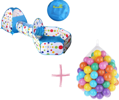 Детска палатка и тента 3в1 с тунел +ПОДАРЪК  50 Цветни Топки – голям комплект за игра, движение и забавление | Просторна палатка, забавен тунел и мини „басейн“ с топки в едно – подходящи за дом, двор, детска стая, партита, пълзене, координация и активна и