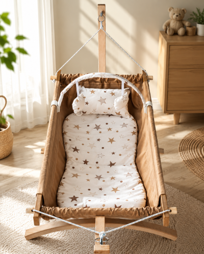 🌙 Луксозен бебешки хамак SafeMom от естествена букова дървесина 👶💤 с ПОДАРЪК мрежа против комари 🦟, матрак и възглавничка 🎁 – 100% памучна дишаща материя, антиколик ефект и ергономична позиция за спокоен и безопасен сън още от новородено до 3 години 💙 Под
