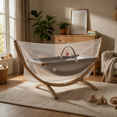 🌙 Луксозен бебешки хамак SafeMom от естествена букова дървесина 👶💤 с ПОДАРЪК мрежа против комари 🦟, матрак и възглавничка 🎁 – 100% памучна дишаща материя, антиколик ефект и ергономична позиция за спокоен и безопасен сън още от новородено до 3 години 💙 Под