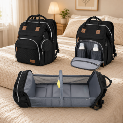 🎒 Бебешка чанта 3 в 1 с легло и станция за повиване 👶🍼 | Водоустойчива раница за бебешки принадлежности и количка с термо джобове, USB порт и органайзер | Многофункционална чанта за бебе за пътуване, разходки, памперси и аксесоари ✨