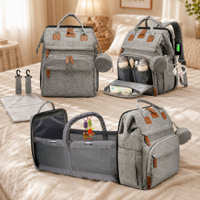 🎒 Бебешка чанта 3 в 1 с легло и станция за повиване 👶🍼 | Водоустойчива раница за бебешки принадлежности и количка с термо джобове, USB порт и органайзер | Многофункционална чанта за бебе за пътуване, разходки, памперси и аксесоари ✨