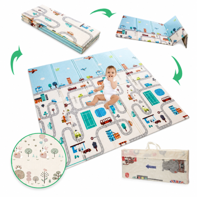 Бебешка кошара за игра 120×120 + 3 ПОДАРЪКА – Двулицево Килимче с XPE Пяна, ТОПКИ за игра и ДРЪЖКИ за изправяне| Просторна, безопасна и сгъваема кошара за бебе и малко дете, лесна за почистване, подходяща за дом и двор, изгодна цена