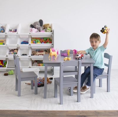 Детска Маса с 4 Столчета GINGER HOME – Дървена Детска Маса за Игра и Учене, Сив Комплект 66×56×48 см