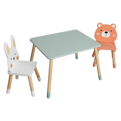 Детска Дървена Маса с 2 Столчета GINGER HOME – Мече и Зайче, Комплект за Игра и Учене