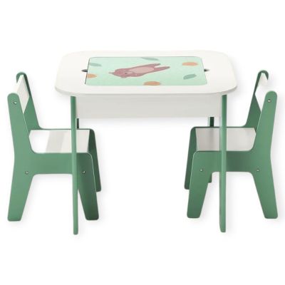 Детска Масичка със Столчета 4 в 1 GINGER HOME, 2 Плота, Черна дъска и Плот за Редене на Конструктори тип LEGO, Forest