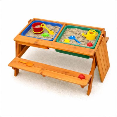 Детска Дървена Маса с Пейки и Пясъчник GINGER HOME – 2в1, Повдигащ се Плот, 90x86x50 см