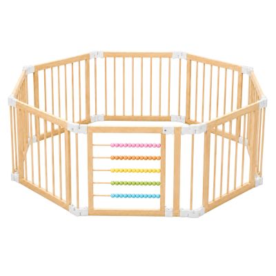 Детска Дървена Кошара за Игра GINGER HOME, 8 Панела, с Вратичка, Бизи Борд и Защитно Заключване, Масивен Новозеландски Бор, 140x140x61 см