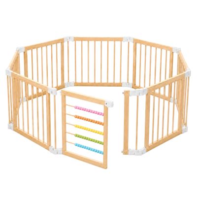 Детска Дървена Кошара за Игра GINGER HOME, 8 Панела, с Вратичка, Бизи Борд и Защитно Заключване, Масивен Новозеландски Бор, 140x140x61 см