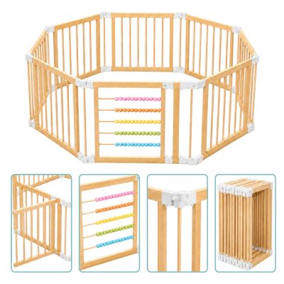 Детска Дървена Кошара за Игра GINGER HOME, 8 Панела, с Вратичка, Бизи Борд и Защитно Заключване, Масивен Новозеландски Бор, 140x140x61 см