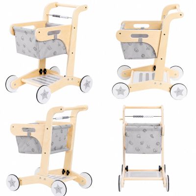 Детска Дървена Проходилка GINGER HOME, Количка за Пазаруване с Кош, Играчка за Бутане, Монтесори, 52 см