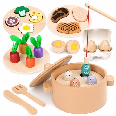 Детски Дървен Кухненски Комплект GINGER HOME, Тенджера с Храни, Риболов и Сортер, Монтесори, 27 части