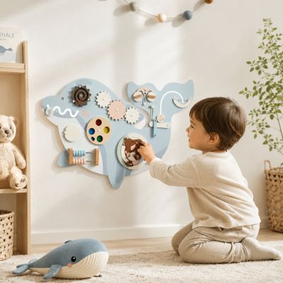 Детско Дървено Активно Табло GINGER HOME, Делфин за Стена, Монтесори Бизиборд, 59.6x39.5 см