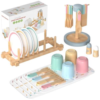 Детски Дървен Сервиз за Хранене 33 части GINGER HOME – Комплект за Ролева Игра с Чинии, Чаши, Прибори и Поставки