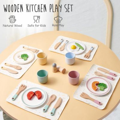 Детски Дървен Сервиз за Хранене 33 части GINGER HOME – Комплект за Ролева Игра с Чинии, Чаши, Прибори и Поставки