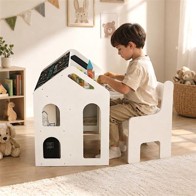 Детско Бюро Къщичка GINGER HOME със Столче, Етажерка и Черна Дъска, Монтесори Маса за Рисуване и Учене, Бяло, Масивно Дърво и MDF, 55x51x69 см