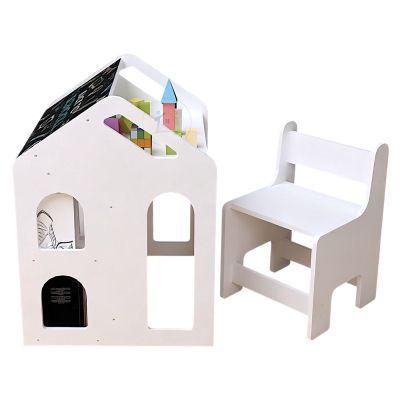 Детско Бюро Къщичка GINGER HOME със Столче, Етажерка и Черна Дъска, Монтесори Маса за Рисуване и Учене, Бяло, Масивно Дърво и MDF, 55x51x69 см