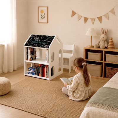 Детско Бюро Къщичка GINGER HOME със Столче, Етажерка и Черна Дъска, Монтесори Маса за Рисуване и Учене, Бяло, Масивно Дърво и MDF, 55x51x69 см