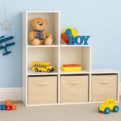 Детска Етажерка, Органайзер за Играчки, GINGER HOME с 6 Отделения и Текстилни Кутии, Бяла, Монтесори Мебел