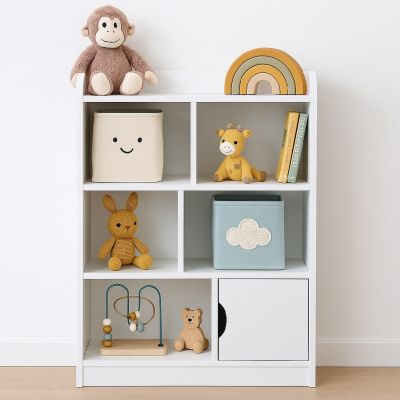 Детска Секция GINGER HOME за Съхранение на Книжки и Играчки, Етажерка с 4 Нива и Вратичка - Бяла