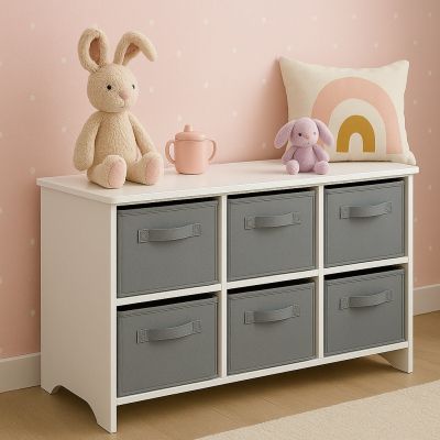 Детски Скрин GINGER HOME с 6 Текстилни Кутии за Съхранение на Играчки и Аксесоари, Сиво и Бяло