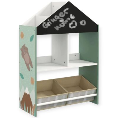 Детски Шкаф GINGER HOME, Етажерказа Играчки и Книжки  с Мече, Черна Дъска за Писане, Къщичка FOREST