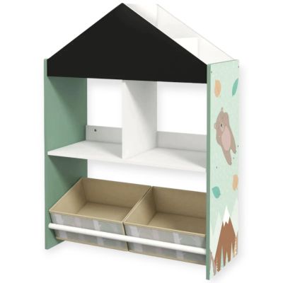 Детски Шкаф GINGER HOME, Етажерказа Играчки и Книжки  с Мече, Черна Дъска за Писане, Къщичка FOREST