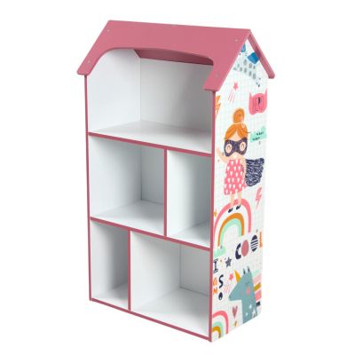 Детска етажерка GINGER HOME - Къщичка SUPER GIRL, Розова за съхранение на играчки и книжки