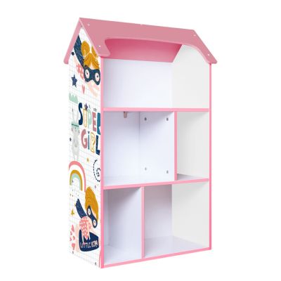 Детска етажерка GINGER HOME - Къщичка SUPER GIRL, Розова за съхранение на играчки и книжки