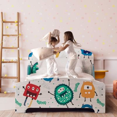 Детско Легло GINGER HOME 140x70 см – Дървено, със Защита от Падане, MONSTER, За Деца 18+ месеца
