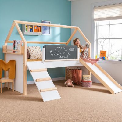 Детско Легло Къщичка GINGER HOME, Монтесори, Двуетажно, Пързалка, Черна Дъска, Подматрачна Рамка 90х200 см